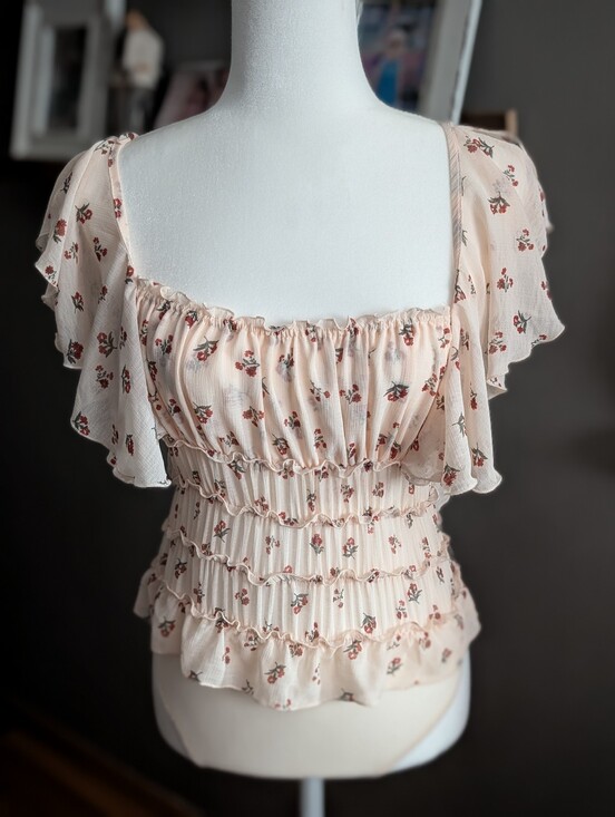 Free People Tops - Intimately Free People Small Light Peach Pink Floral Smocked Bodysuit Fairycore